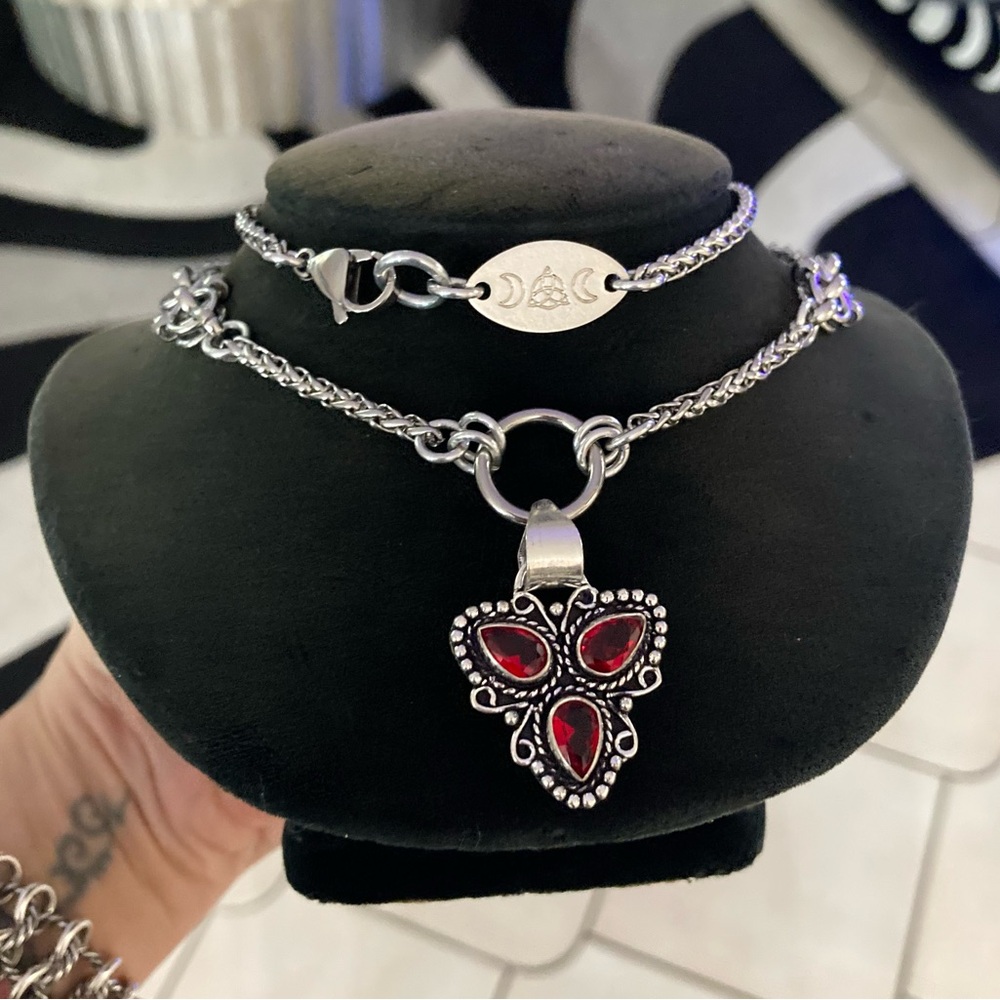 925 sterling silver overlay red garnet triangle Celtic knot maille necklace